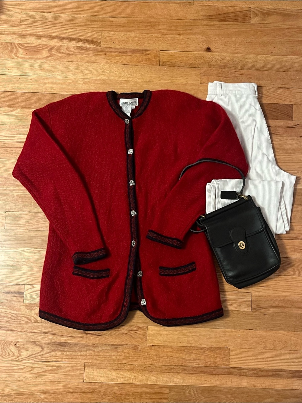 Simons Red Cardigan with Navy Blue Trim and Decorative Buttons